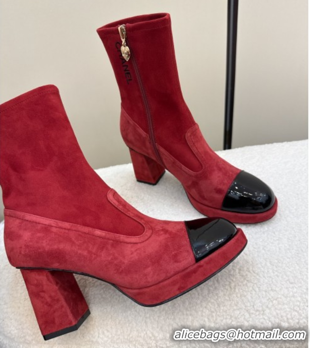 Luxurious Chanel Suede and Patent Leather Platform Ankle Boots Red 2025 CH110409 1104051
