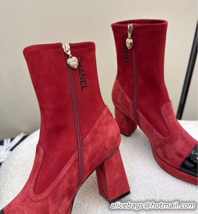 Luxurious Chanel Suede and Patent Leather Platform Ankle Boots Red 2025 CH110409 1104051