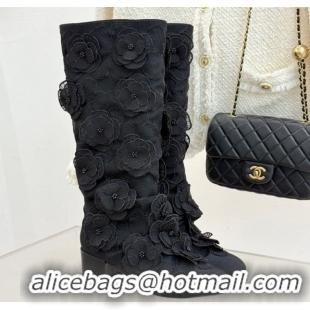 Shop Duplicate Chanel Mesh & Rose Bloom Heel High Boots Black 2025 CH110411 1104055