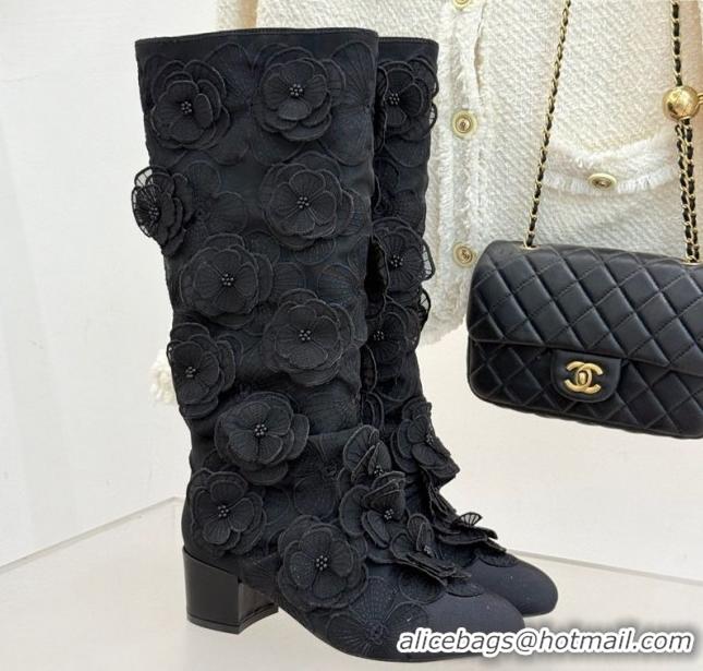 Shop Duplicate Chanel Mesh & Rose Bloom Heel High Boots Black 2025 CH110411 1104055