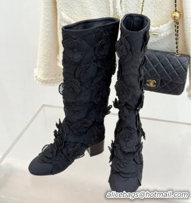 Shop Duplicate Chanel Mesh & Rose Bloom Heel High Boots Black 2025 CH110411 1104055