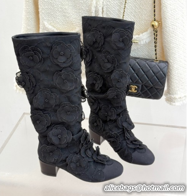 Shop Duplicate Chanel Mesh & Rose Bloom Heel High Boots Black 2025 CH110411 1104055