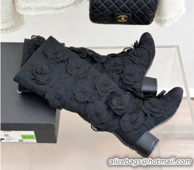 Shop Duplicate Chanel Mesh & Rose Bloom Heel High Boots Black 2025 CH110411 1104055