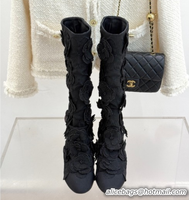 Shop Duplicate Chanel Mesh & Rose Bloom Heel High Boots Black 2025 CH110411 1104055