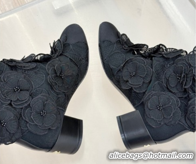 Shop Duplicate Chanel Mesh & Rose Bloom Heel High Boots Black 2025 CH110411 1104055