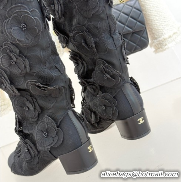 Shop Duplicate Chanel Mesh & Rose Bloom Heel High Boots Black 2025 CH110411 1104055