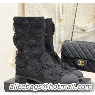 Durable Chanel Mesh & Rose Bloom Flat Ankle Boots Black 2025 CH110411 1104056