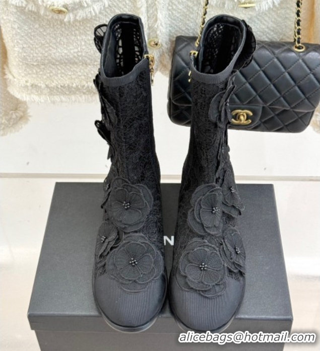 Durable Chanel Mesh & Rose Bloom Flat Ankle Boots Black 2025 CH110411 1104056