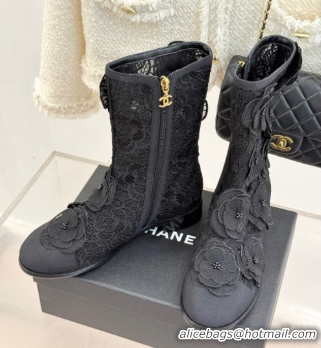 Durable Chanel Mesh & Rose Bloom Flat Ankle Boots Black 2025 CH110411 1104056
