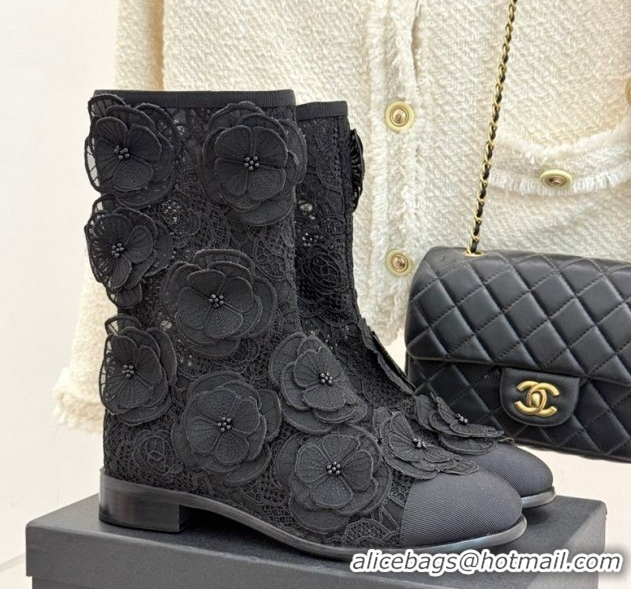Durable Chanel Mesh & Rose Bloom Flat Ankle Boots Black 2025 CH110411 1104056