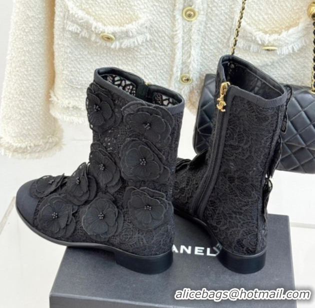 Durable Chanel Mesh & Rose Bloom Flat Ankle Boots Black 2025 CH110411 1104056