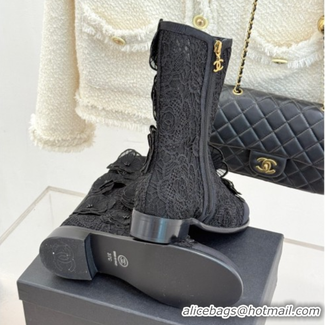 Durable Chanel Mesh & Rose Bloom Flat Ankle Boots Black 2025 CH110411 1104056