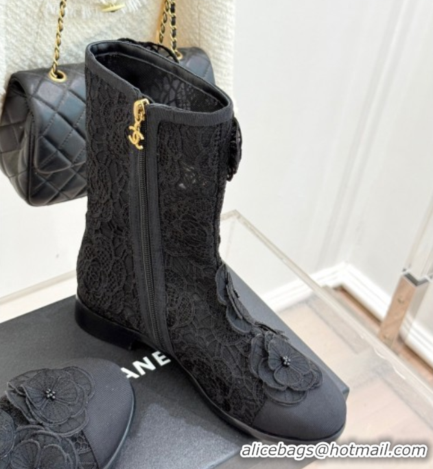 Durable Chanel Mesh & Rose Bloom Flat Ankle Boots Black 2025 CH110411 1104056