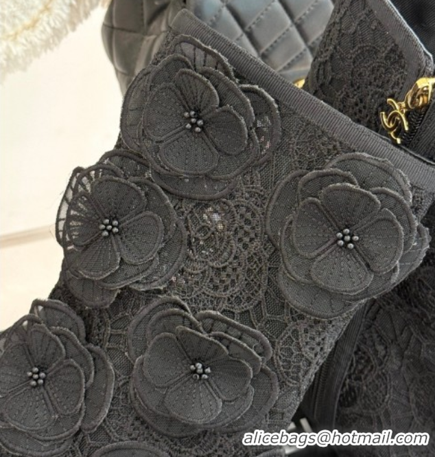 Durable Chanel Mesh & Rose Bloom Flat Ankle Boots Black 2025 CH110411 1104056