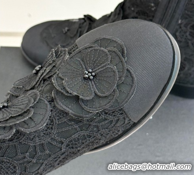 Durable Chanel Mesh & Rose Bloom Flat Ankle Boots Black 2025 CH110411 1104056