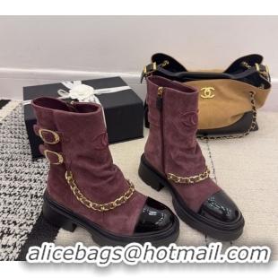 Popular Style Chanel Suede & Patent Leather Platform Ankle Boots with Chain and Buckle Burgundy CH110412 1104057