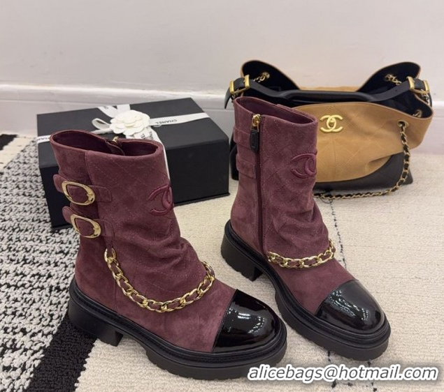 Popular Style Chanel Suede & Patent Leather Platform Ankle Boots with Chain and Buckle Burgundy CH110412 1104057