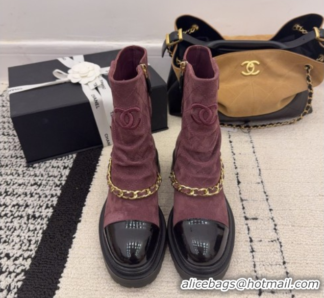 Popular Style Chanel Suede & Patent Leather Platform Ankle Boots with Chain and Buckle Burgundy CH110412 1104057