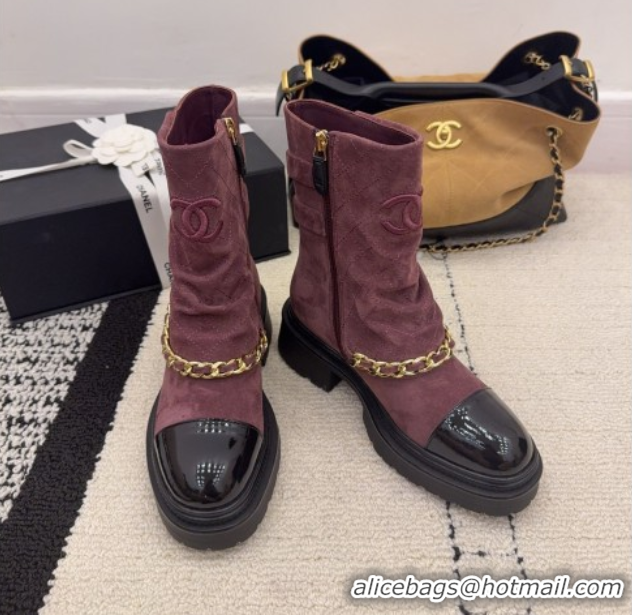 Popular Style Chanel Suede & Patent Leather Platform Ankle Boots with Chain and Buckle Burgundy CH110412 1104057