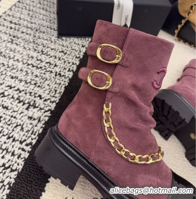 Popular Style Chanel Suede & Patent Leather Platform Ankle Boots with Chain and Buckle Burgundy CH110412 1104057