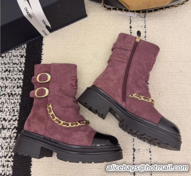 Popular Style Chanel Suede & Patent Leather Platform Ankle Boots with Chain and Buckle Burgundy CH110412 1104057