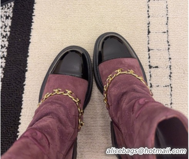 Popular Style Chanel Suede & Patent Leather Platform Ankle Boots with Chain and Buckle Burgundy CH110412 1104057