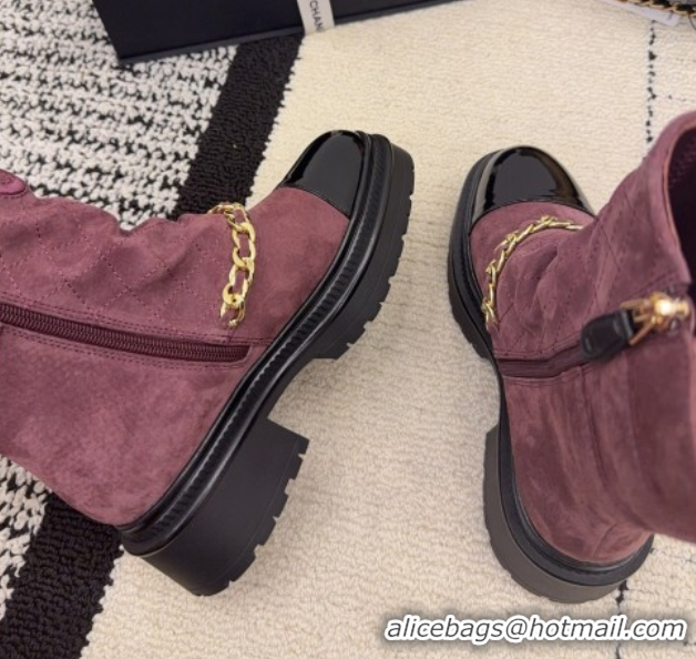 Popular Style Chanel Suede & Patent Leather Platform Ankle Boots with Chain and Buckle Burgundy CH110412 1104057
