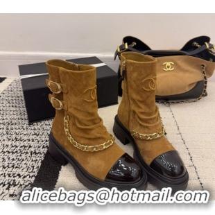 Good Quality Chanel Suede & Patent Leather Platform Ankle Boots with Chain and Buckle Brown 2025 CH110412 1104058