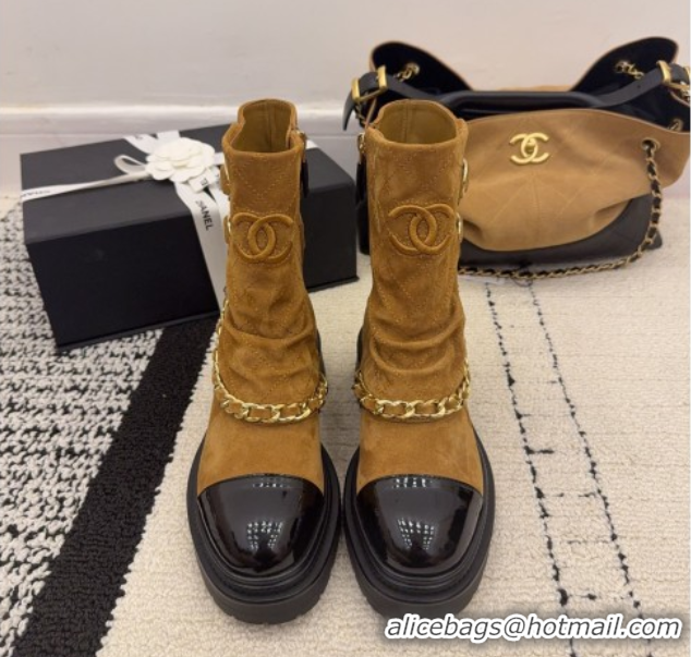 Good Quality Chanel Suede & Patent Leather Platform Ankle Boots with Chain and Buckle Brown 2025 CH110412 1104058