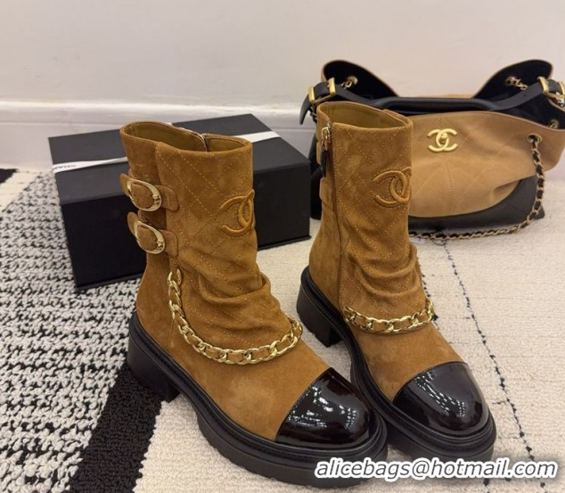 Good Quality Chanel Suede & Patent Leather Platform Ankle Boots with Chain and Buckle Brown 2025 CH110412 1104058