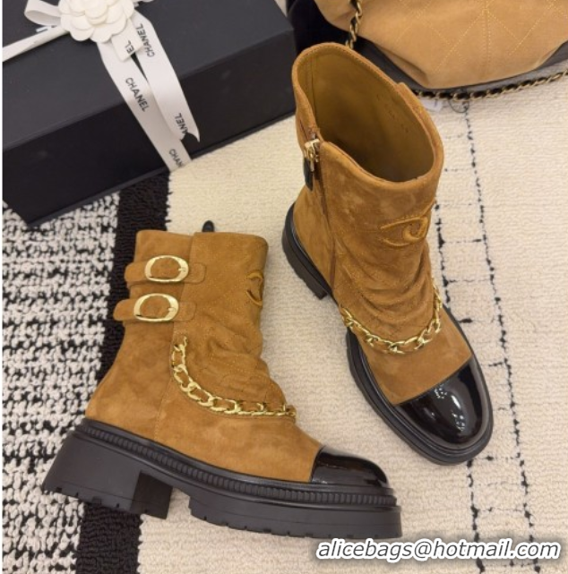 Good Quality Chanel Suede & Patent Leather Platform Ankle Boots with Chain and Buckle Brown 2025 CH110412 1104058
