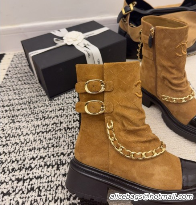 Good Quality Chanel Suede & Patent Leather Platform Ankle Boots with Chain and Buckle Brown 2025 CH110412 1104058