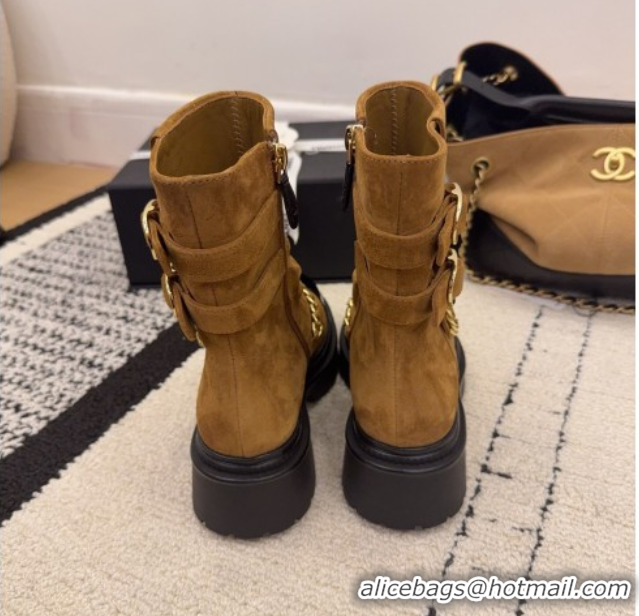 Good Quality Chanel Suede & Patent Leather Platform Ankle Boots with Chain and Buckle Brown 2025 CH110412 1104058