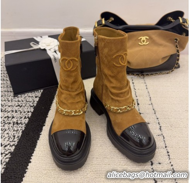 Good Quality Chanel Suede & Patent Leather Platform Ankle Boots with Chain and Buckle Brown 2025 CH110412 1104058