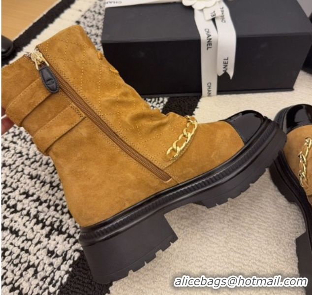 Good Quality Chanel Suede & Patent Leather Platform Ankle Boots with Chain and Buckle Brown 2025 CH110412 1104058
