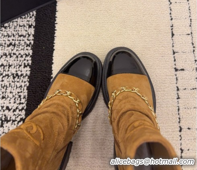 Good Quality Chanel Suede & Patent Leather Platform Ankle Boots with Chain and Buckle Brown 2025 CH110412 1104058