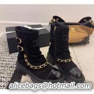 Unique Style Chanel Suede & Patent Leather Platform Ankle Boots with Chain and Buckle Black 2025 CH110412 1104059