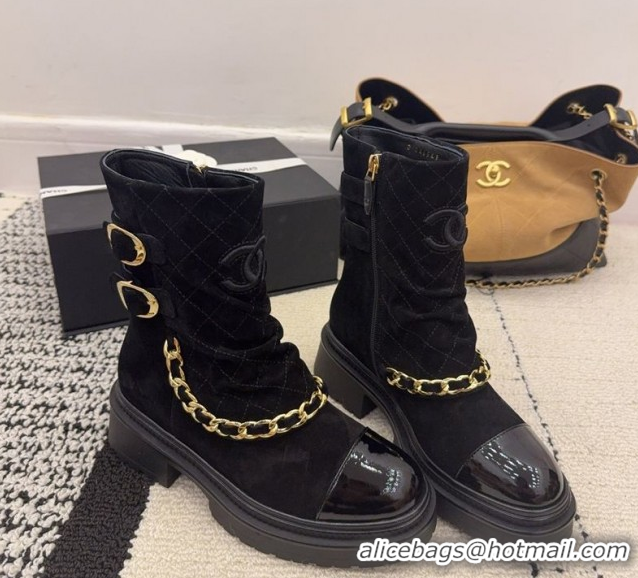 Unique Style Chanel Suede & Patent Leather Platform Ankle Boots with Chain and Buckle Black 2025 CH110412 1104059