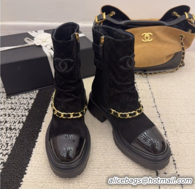 Unique Style Chanel Suede & Patent Leather Platform Ankle Boots with Chain and Buckle Black 2025 CH110412 1104059