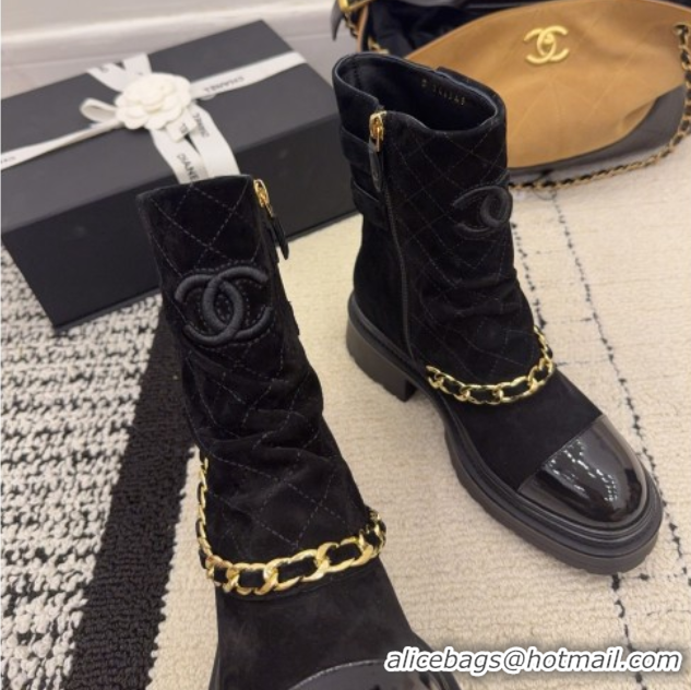Unique Style Chanel Suede & Patent Leather Platform Ankle Boots with Chain and Buckle Black 2025 CH110412 1104059