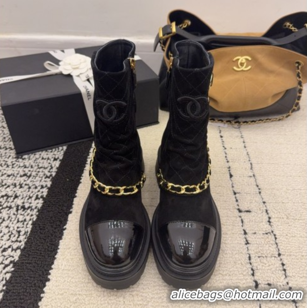 Unique Style Chanel Suede & Patent Leather Platform Ankle Boots with Chain and Buckle Black 2025 CH110412 1104059