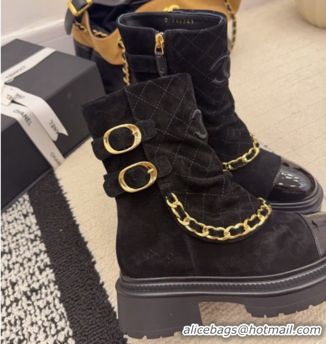 Unique Style Chanel Suede & Patent Leather Platform Ankle Boots with Chain and Buckle Black 2025 CH110412 1104059