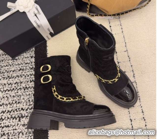 Unique Style Chanel Suede & Patent Leather Platform Ankle Boots with Chain and Buckle Black 2025 CH110412 1104059