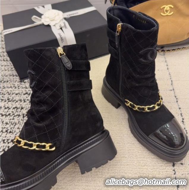 Unique Style Chanel Suede & Patent Leather Platform Ankle Boots with Chain and Buckle Black 2025 CH110412 1104059