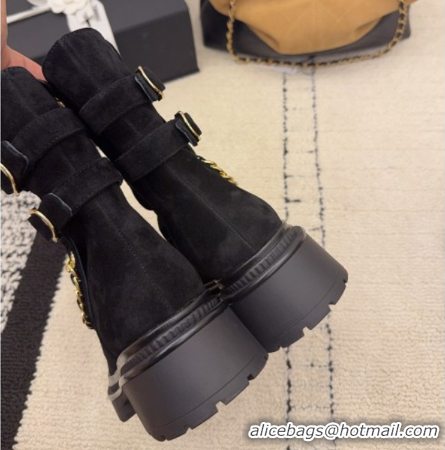 Unique Style Chanel Suede & Patent Leather Platform Ankle Boots with Chain and Buckle Black 2025 CH110412 1104059