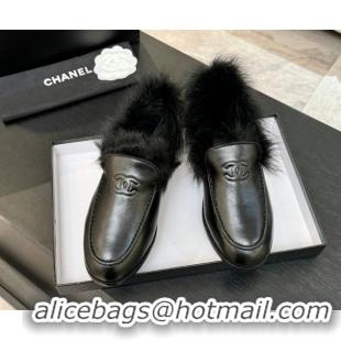 Top Design Chanel Shiny Crumpled Lambskin & Shearling Loafers All Black G46534 1104061