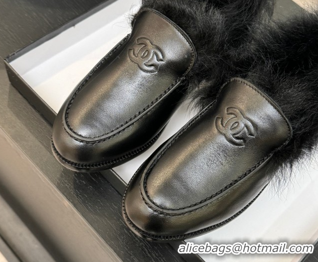 Top Design Chanel Shiny Crumpled Lambskin & Shearling Loafers All Black G46534 1104061