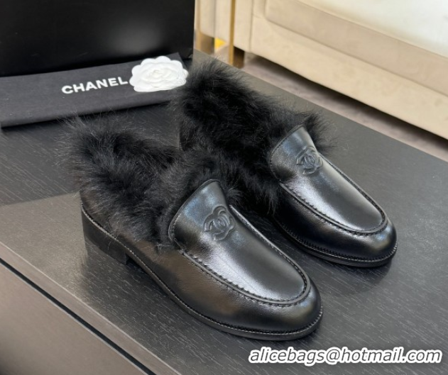 Top Design Chanel Shiny Crumpled Lambskin & Shearling Loafers All Black G46534 1104061