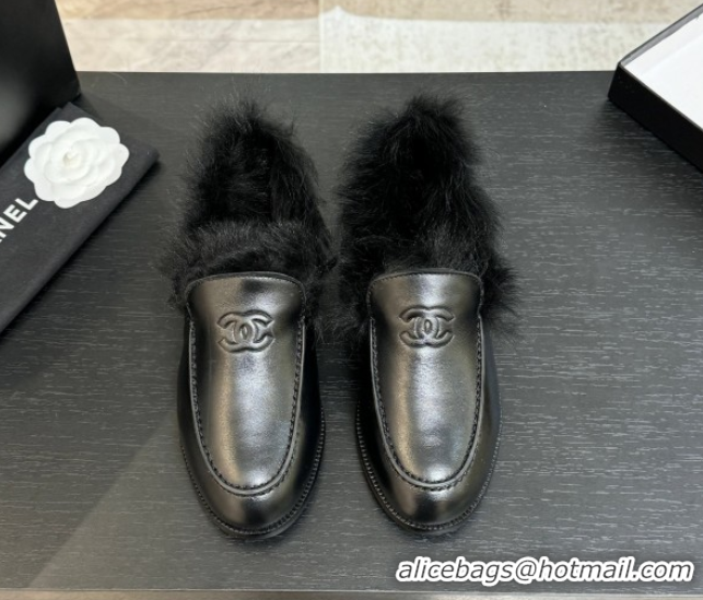 Top Design Chanel Shiny Crumpled Lambskin & Shearling Loafers All Black G46534 1104061