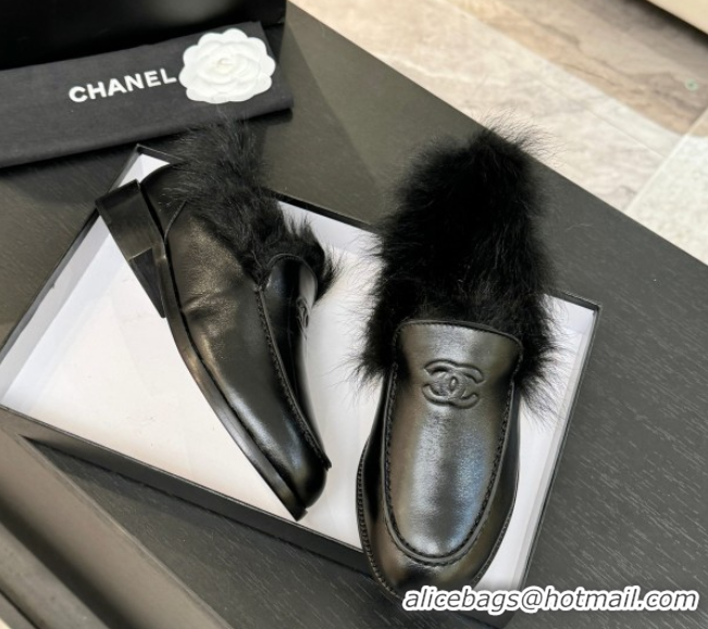 Top Design Chanel Shiny Crumpled Lambskin & Shearling Loafers All Black G46534 1104061